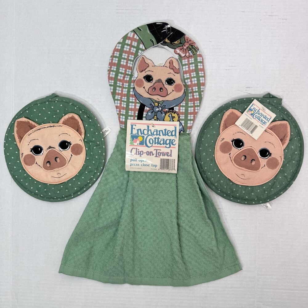 Vintage Enchanted Cottage Pig Kitchen Towel Potholder Clip-On Set Farmhouse NEW